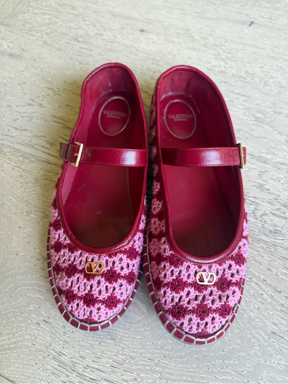 Valentino Pink & Burgundy Crochet Mary Jane Flats